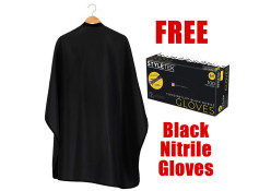 STYLETEK CLASSIC BLACK BARBER CAPE W/ FREE BLACK NITRILE GLOVES