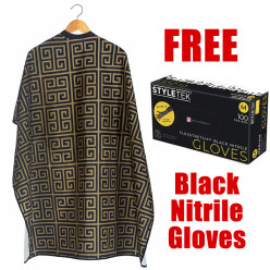 STYLETEK BLACK/GOLD MILAN BARBER CAPE W/ FREE BLACK NITRILE GLOVES